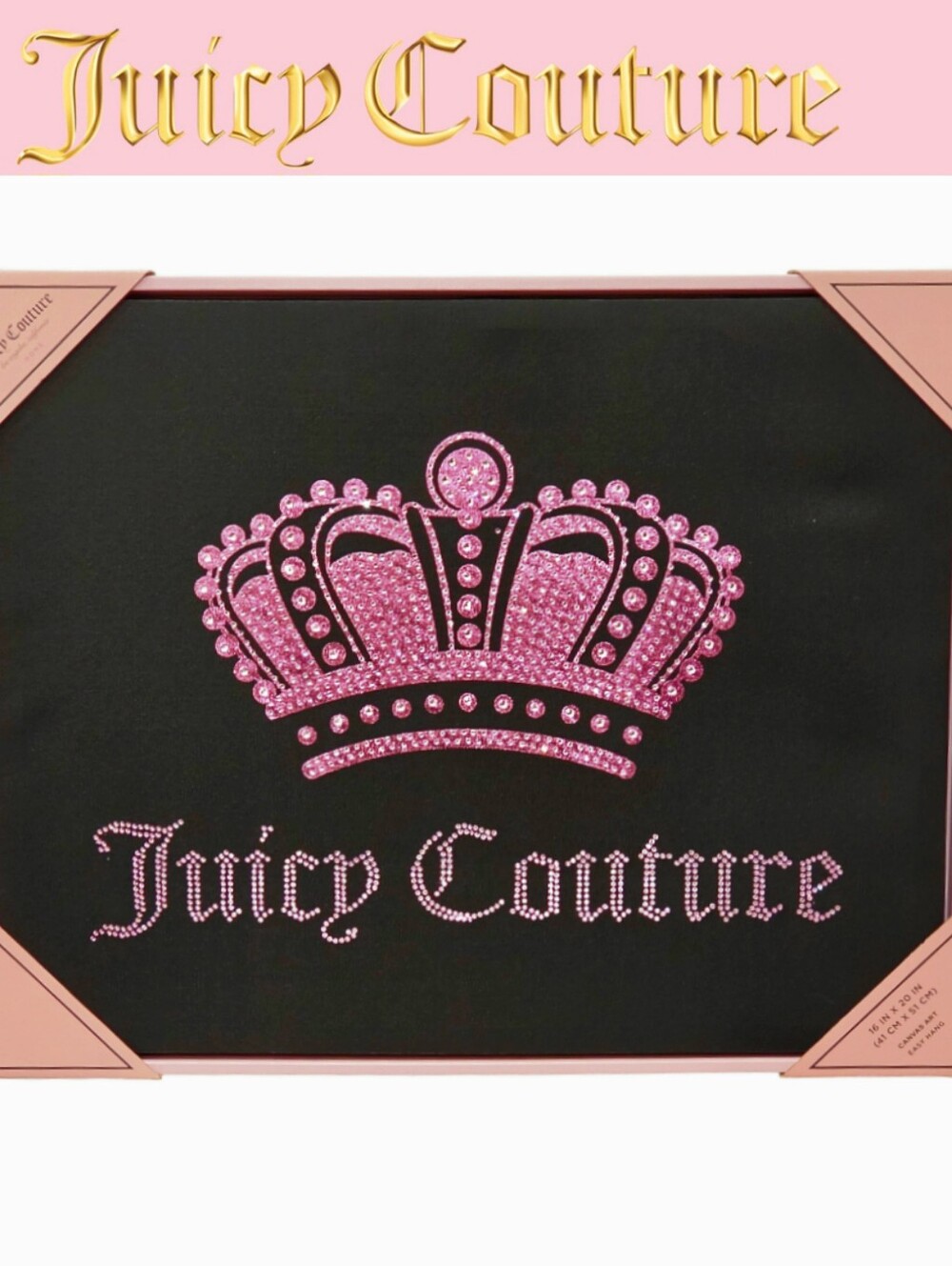 Juicy Couture Home Pink Crystal Crown Logo Framed Canvas Wall Decor